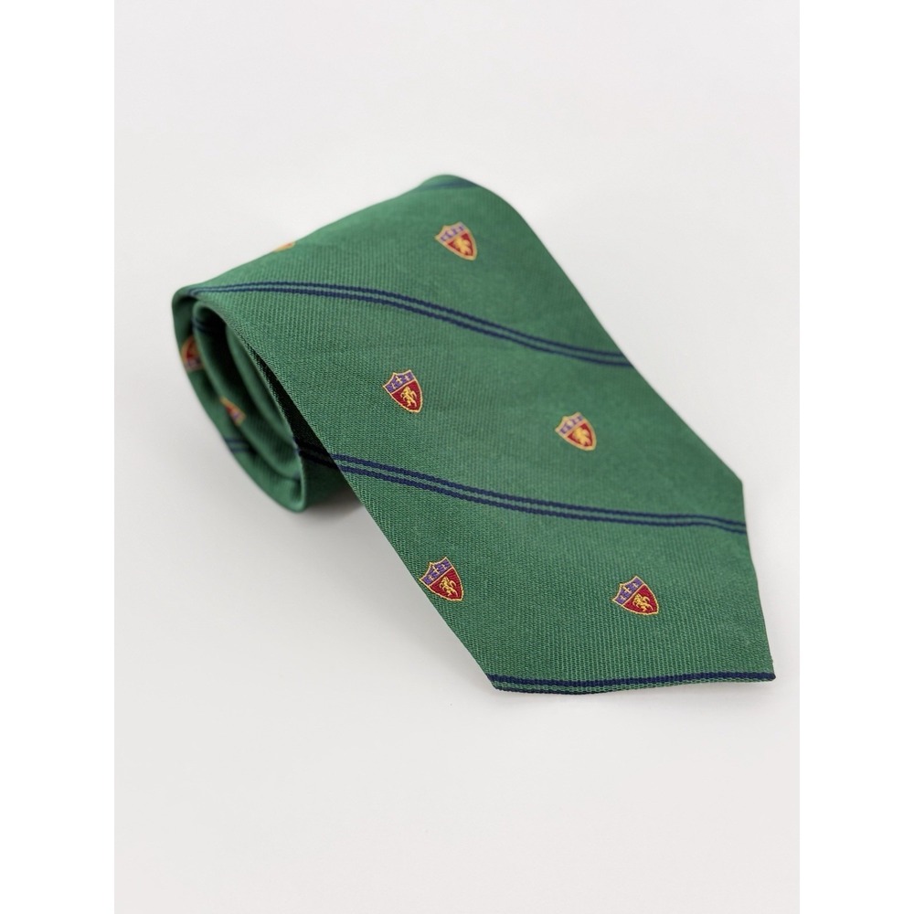 Lauren Ralph Lauren Tie 100% Silk Green Blue Logo Crest Striped Club Tie Vintage